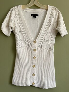 Apostrophe White Short Sleeve Button Front Knit Sweater Size S